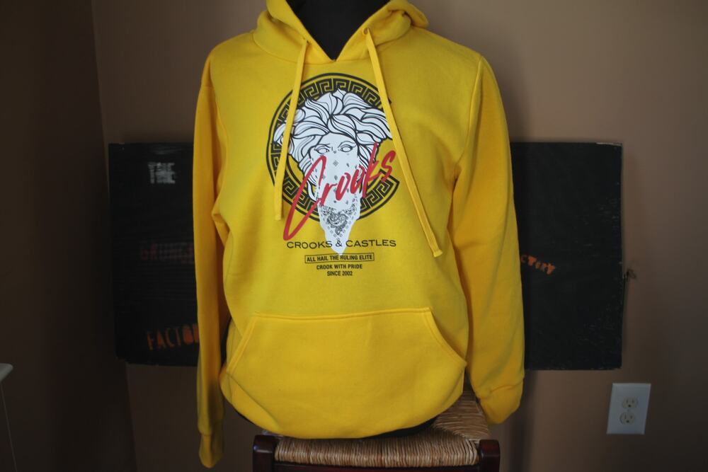 Crooks And Castles Yellow Medusa Bandana Graphic Hoodie Mens Large Streetwear
